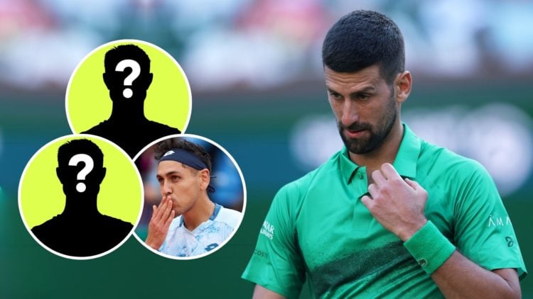 Novak Djokovic of Serbia shows his dejection against Botic van de Zandschulp of the Netherlands. Inset, Alejandro Tabilo and two mystery players.