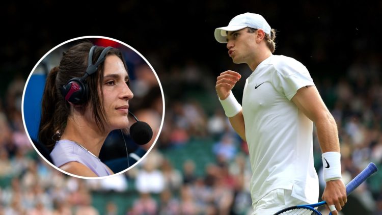 Jack Draper of Great Britain reacts as he plays Elias Ymer of Sweden in his Gentlemen's Singles first round match. Inset, Andrea Petkovic.