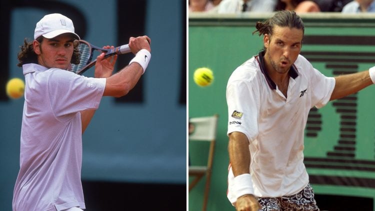 Split image of Roger Federer and Patrick Rafter, both at the French Open.