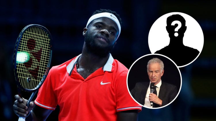 Frances Tiafoe reacts during Day Three of the Next Gen ATP Finals with insets of John Mcenroe, Captain of Team World speaking on stage and a myster...