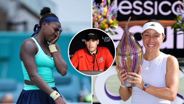 Split image of Coco Gauff of the United States reacts against Magda Linette of Poland during their match on day 7 of the Miami Open at Hard Rock St...