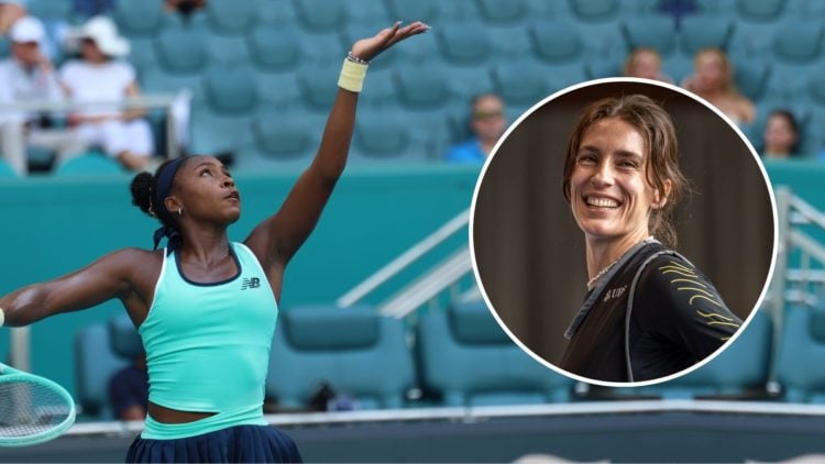 Coco Gauff serves the ball during the Miami Open. Inset, Andrea Petkovic.