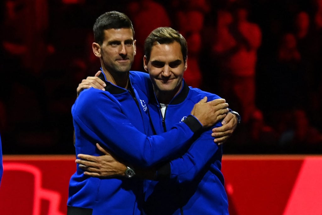 Novak Djokovic embraces Roger Federer at the 2022 Laver Cup.