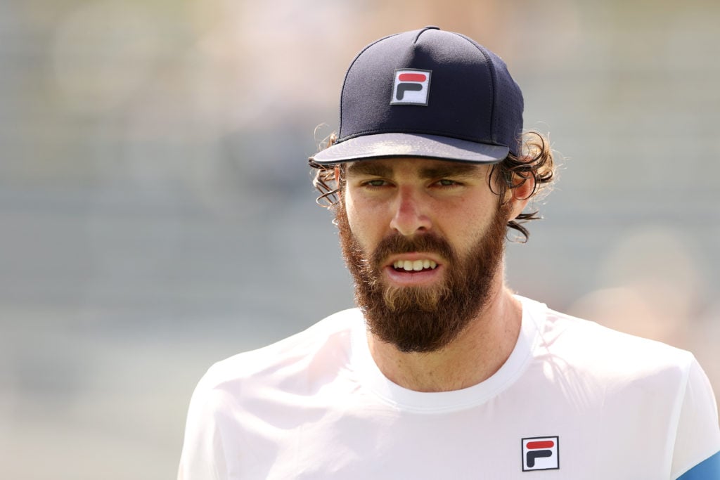 Reilly Opelka of the United States celebrates looks on during the game against Soonwoo Kwon of South Korea on Day Two of the 2021 US Open at the Billie Jean King National Tennis Center on August 31, 2021 in the Flushing neighborhood of the Queens borough of New York City.