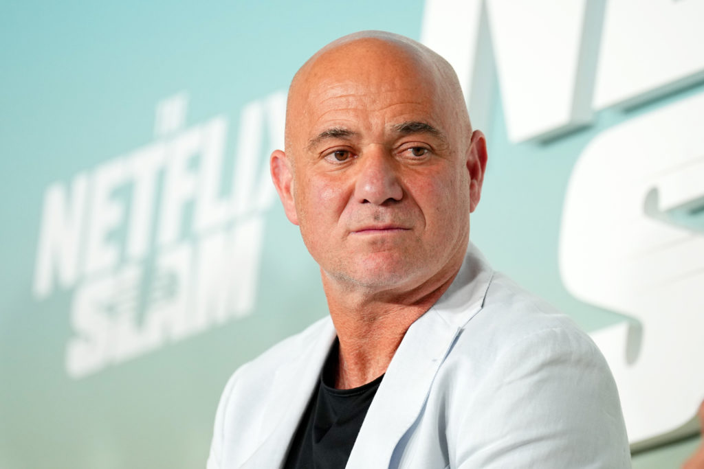 Andre Agassi speaks onstage during The Netflix Slam media availability event at Mandalay Bay Resort and Casino.