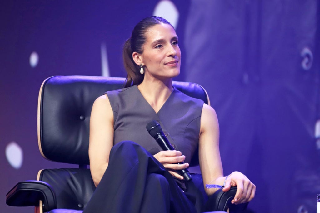Andrea Petkovic on stage during the 2024 OMR Festival in Hamburg