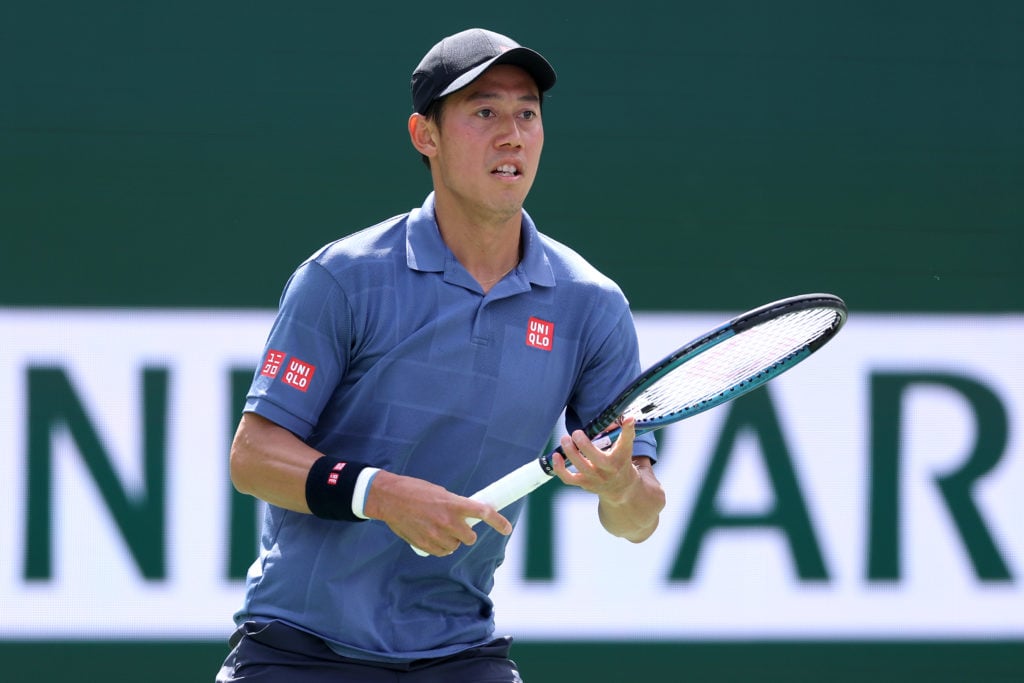 Kei Nishikori playing against Jaume Munar at the Indian Wells in 2025.