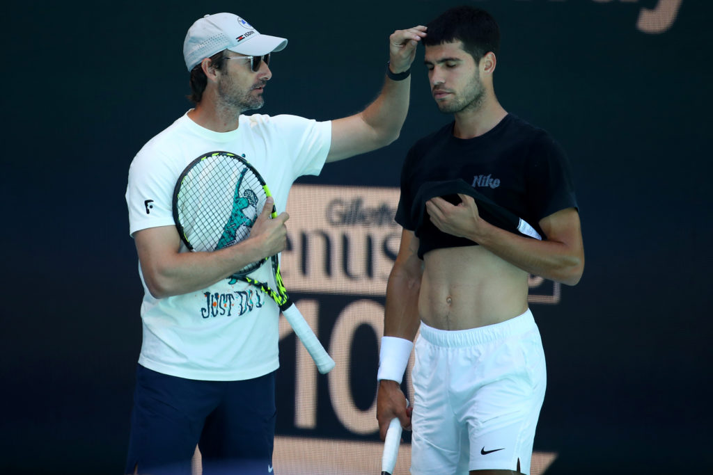 Carlos Alcaraz with his coach Juan Carlos Ferrero during a practice session ahead of the 2025 Miami Open,