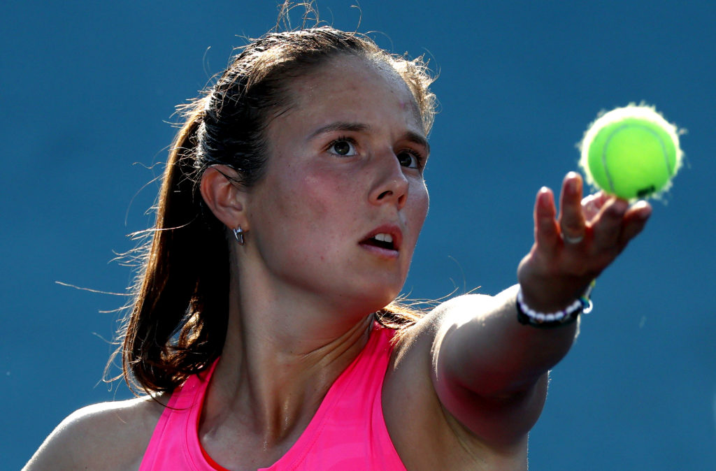 Daria Kasatkina serving at the 2025 Miami Open.