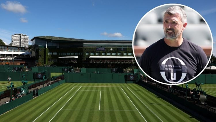 A general view of court ten as centre court is pictured in the background ahead of day one of The Championships Wimbledon 2024 with an inset of Gor...