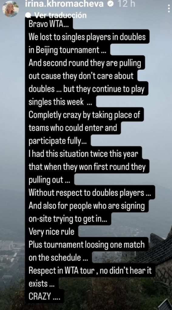 Irina Khromacheva calls out the WTA on Instagram after Paula Badosa and Karolina Muchova withdraw from the doubles tournament at the China Open.