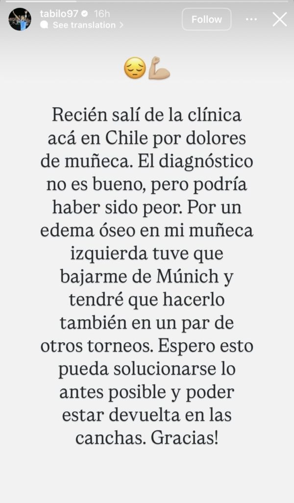 Alejandro Tabilo provides an update on his injury after withdrawing from the ATP tournament in Munich.