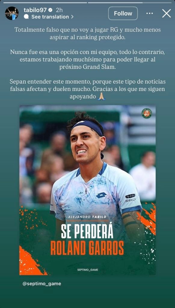 Alejandro Tabilo responds to reports about his French Open participation being in doubt.
