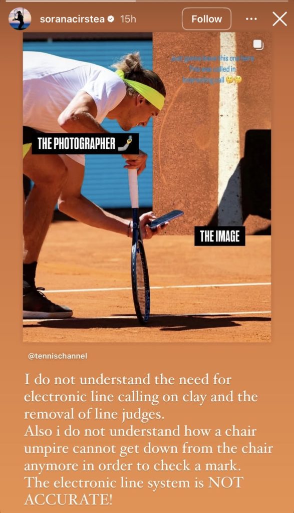 Sorana Cirstea posts her reaction to the picture that Alexander Zverev took of a ball mark in his match at the Madrid Open.