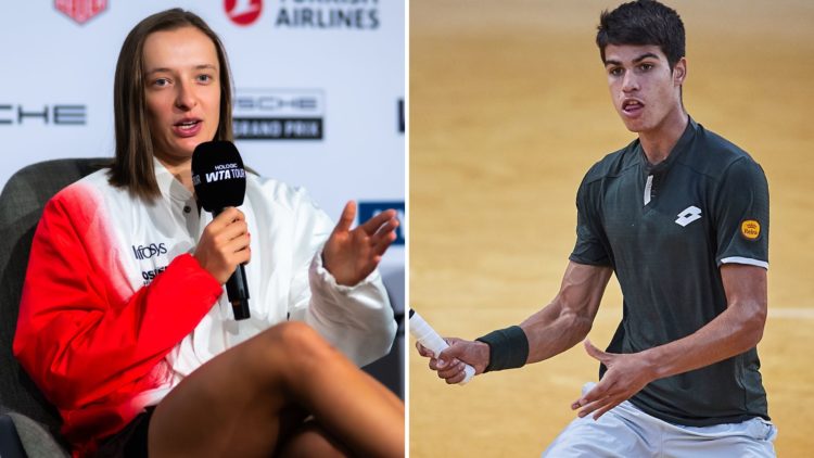 Iga Swiatek of Poland talks to the media on Day 1 of the Porsche Tennis Grand Prix at Porsche Arena with an inset of Carlos Alcaraz of Spain return...