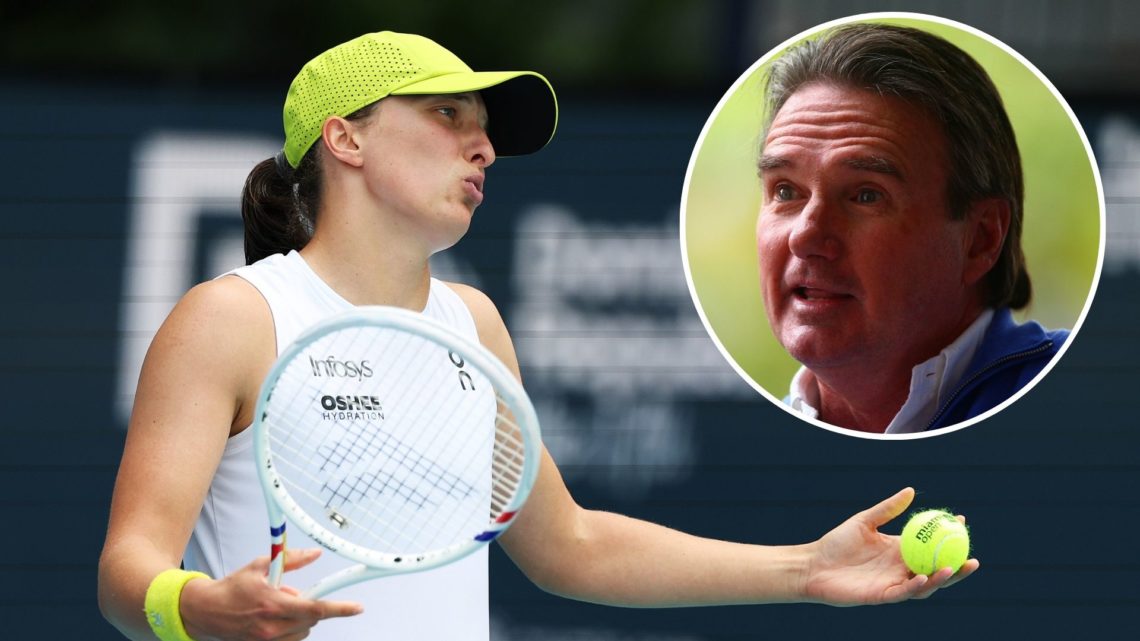ga Swiatek of Poland reacts to a lost point against Alexandra Eala of the Philippines during their match on Day 9 of the Miami Open at Hard Rock St...
