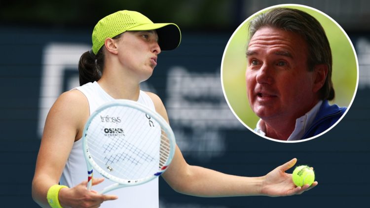 ga Swiatek of Poland reacts to a lost point against Alexandra Eala of the Philippines during their match on Day 9 of the Miami Open at Hard Rock St...