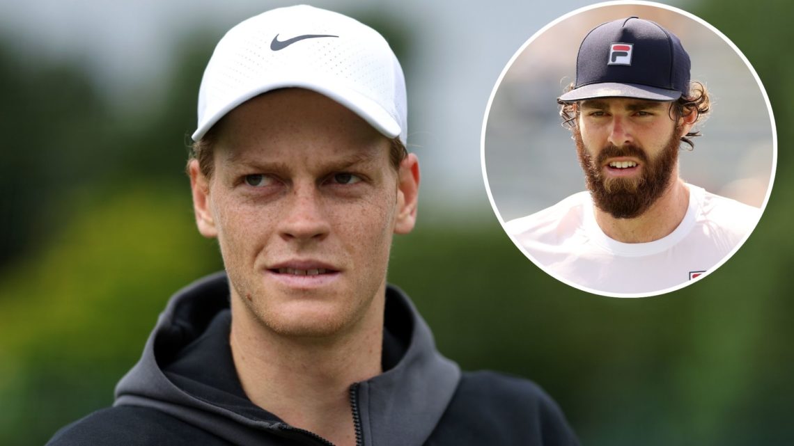 Jannik Sinner of Italy looks on following practice prior to The Championships Wimbledon 2024, with an inset of Reilly Opelka of the United States l...