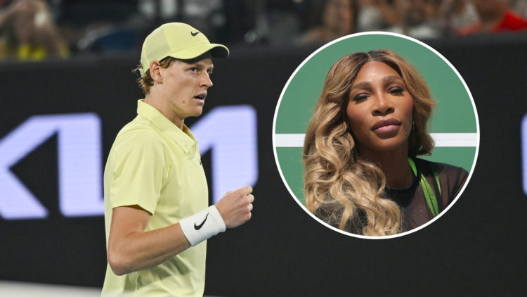 Jannik Sinner of Italy in action against during Men's Singles Final at the Australian Open grand slam with an inset of Serena Williams posing as sh...