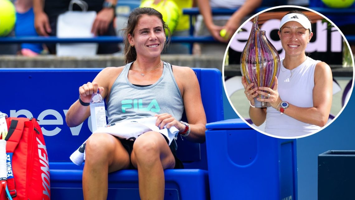 Emma Navarro of the United States during practice ahead of the National Bank Open Presented by Rogers at Sobeys Stadium with an inset of Jessica Pe...