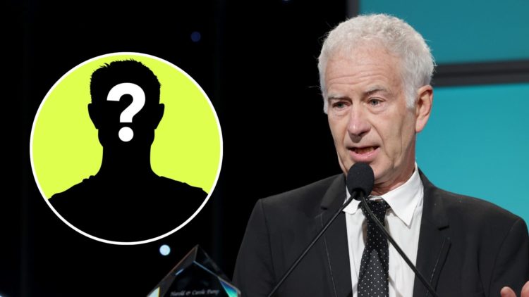 Honoree John McEnroe speaks onstage during the Harold & Carole Pump Foundation 2023 Gala. Inset, mystery player.
