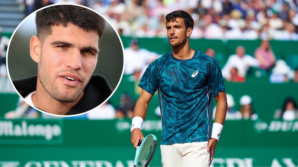 Lorenzo Musetti of Italy looks on during his match against Stefanos Tsitsipas of Greece in the Men's Singles Quarterfinals Match during day six of ...