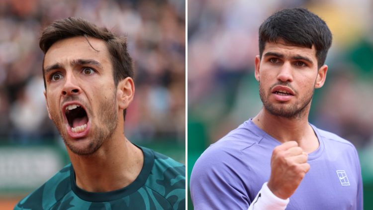 Split image of Lorenzo Musetti of Italy celebrates a point against Jiri Lehecka of Czech Republic during the Men's Singles Second Round match on da...