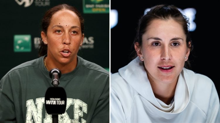 Split image of Madison Keys fields questions from the media during the BNP Paribas Open at Indian Wells Tennis Garden and Belinda Bencic of Switzer...