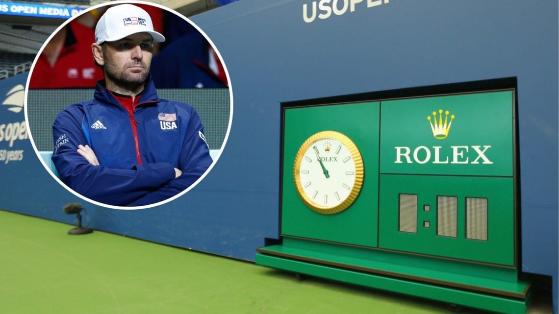 A detailed shot of a serve clock is seen in Louis Armstrong Stadium prior to the start of the 2018 US Open at the USTA Billie Jean King National Te...
