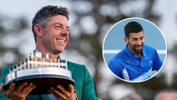Masters champion Rory McIlroy of Northern Ireland with the Masters trophy during the Green Jacket Presentation Ceremony after winning the Masters. ...