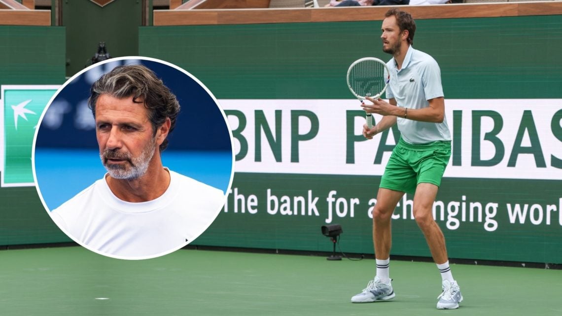 Daniil Medvedev receives serve during the BNP Paribas Open. Inset, Patrick Mouratoglou.