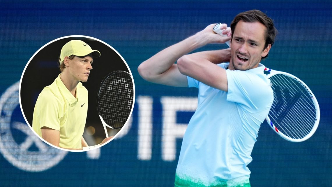 Daniil Medvedev returns a shot against Juame Munar of Spain during their match on Day 4 at Hard Rock Stadium. Inset, Jannik Sinner.