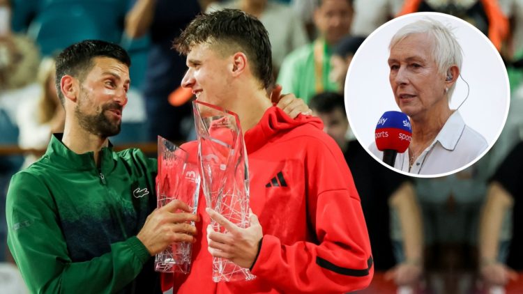 Jakub Mensik, Novak Djokovic during Miami Open 2025 tennis tournament in Miami USA on 30 March 2025. Inset, Martina Navratilova.