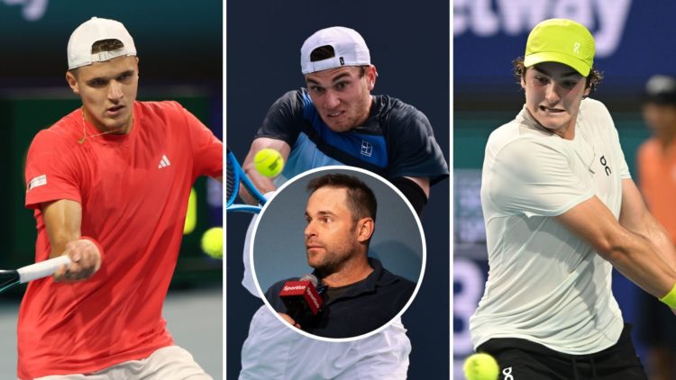 Three-way split image of Jakub Mensik, Jack Draper, and Joao Fonseca. Inset, Andy Roddick.