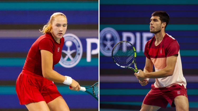 Split image of Mirra Andreeva in action at the Miami Open against Amanda Anisimova (USA) on March 23, 2025, at Hard Rock Stadium in Miami Gardens, ...