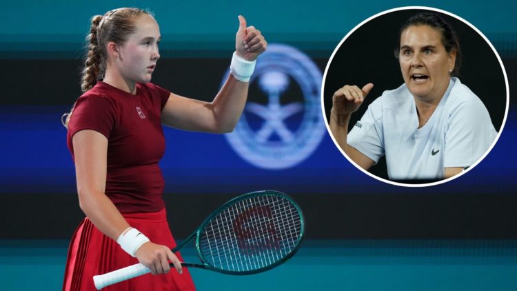 Mirra Andreeva reacts during her match against Amanda Anisimova of the United States during their match on day 6 at Hard Rock Stadium, with an inse...