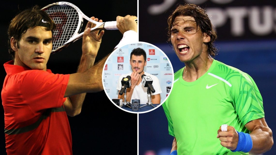 Split image of Rafael Nadal and Roger Federer with an inset of Bernard Tomic