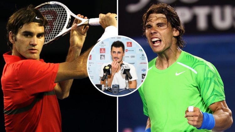Split image of Rafael Nadal and Roger Federer with an inset of Bernard Tomic