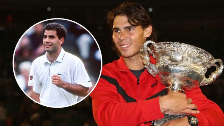 Image of Rafael Nadal with the 2009 Australian Open trophy and an inset of Pete Sampras