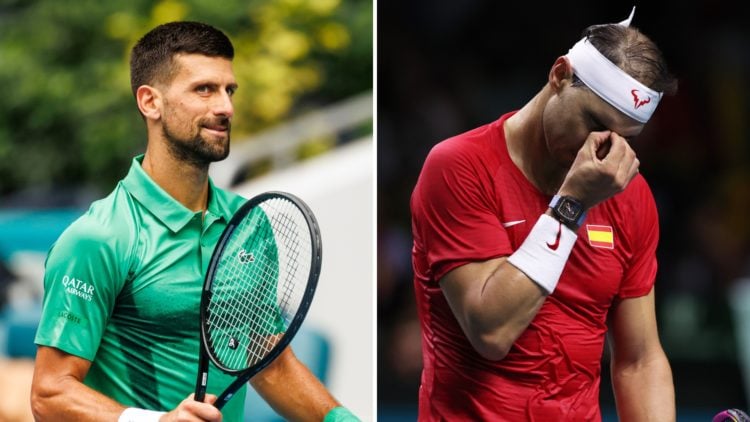 Split of Novak Djokovic of Serbia smiling over his victory over Grigor Dimotrov of Bulgaria in the semi-finals of the men's singles at the Miami Op...