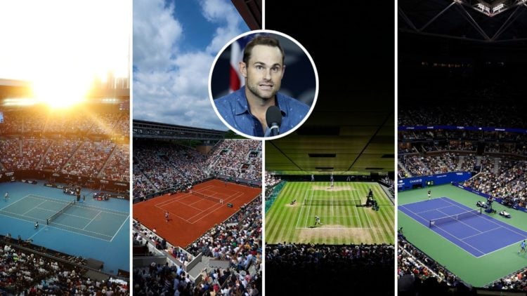 Four-way split image of Australian Open, French Open, Wimbledon, and US Open courts. Inset, Andy Roddick talking.