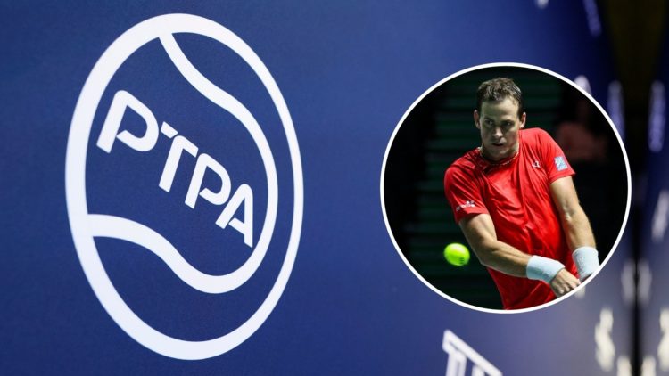 A view of the PTPA logo at the Professional Tennis Players Association (PTPA) Players Party at SPiN New York. Inset, Vasek Pospisil.
