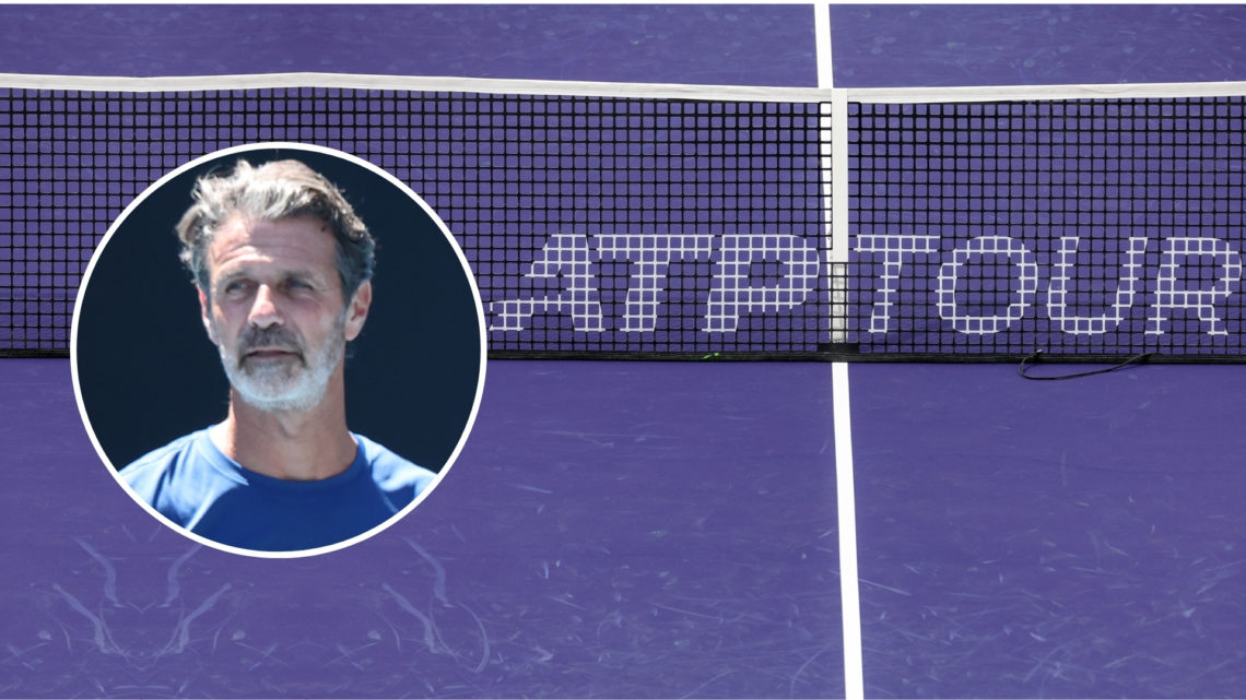 ATP logo on the net during the BNP Paribas Open on March 5, 2025 at Indian Wells Tennis Garden in Indian Wells, CA with an inset of Naomi Osaka of ...