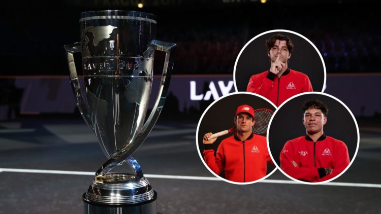 Image of Laver Cup with three insets of Tommy Paul, Ben Shelton and Taylor Fritz