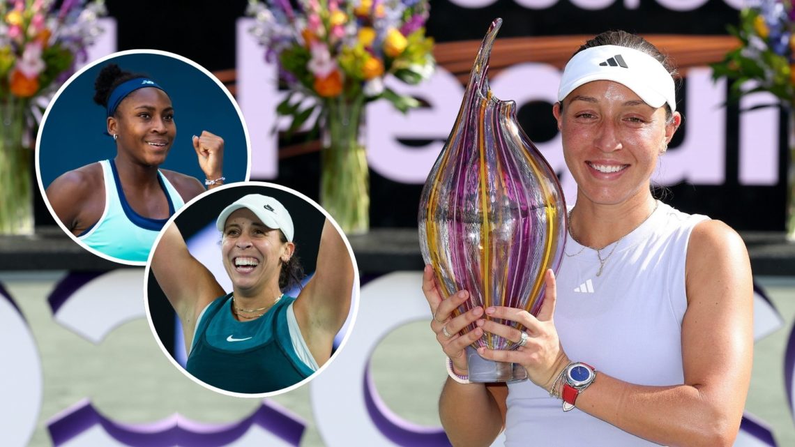 Jessica Pegula of United States poses with the trophy after defeating Sofia Kenin of United States. Inset, Coco Gauff and Madison Keys.