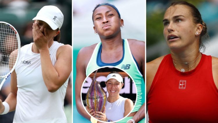 Split image of Iga Swiatek of Poland looks dejected as she plays against Yulia Putintseva of Kazakhstan in her Ladies' Singles third round match du...
