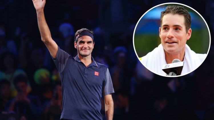 Former ATP player Roger Federer attendance fans day on Day 12 of 2024 Shanghai Rolex Masters at Qi Zhong Tennis Centre with an inset of John Isner ...