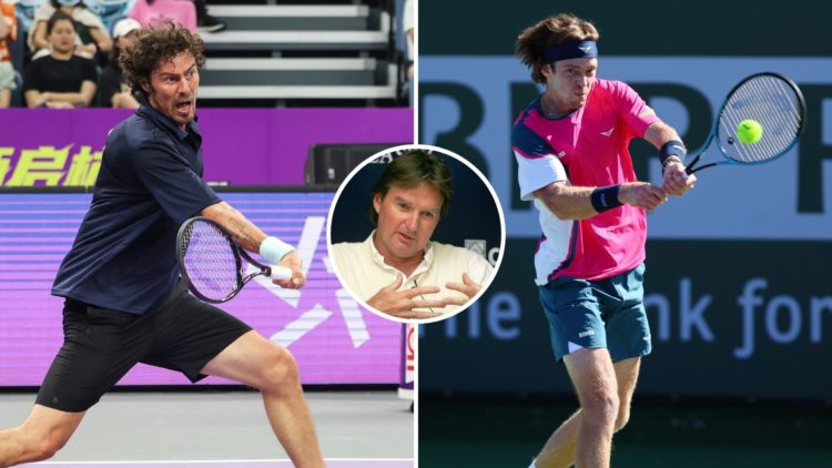 Split image of Andrey Rublev and Marat Safin, both playing, with an inset of Jimmy Connors talking