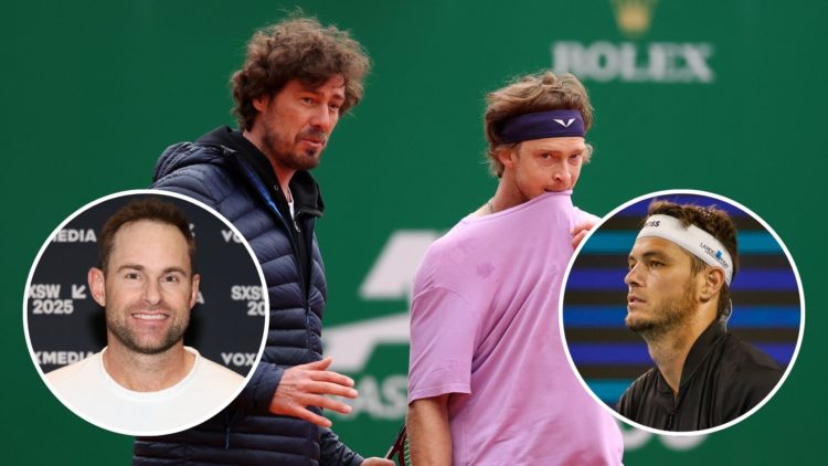 Marat Safin (L) is pictured with Andrey Rublev during round one of the Rolex Monte-Carlo Masters at Monte-Carlo Country Club. Inset, Andy Roddick a...
