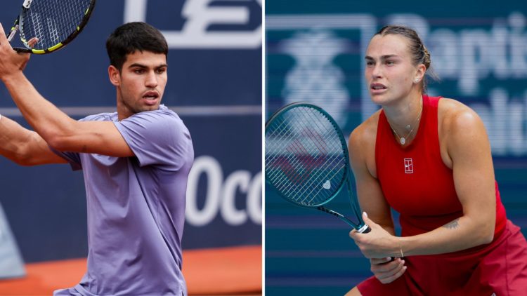 Carlos Alcaraz of Spain in action against Ethan Quinn of United States during the first round tennis match of the Barcelona Open Banc Sabadell, and...